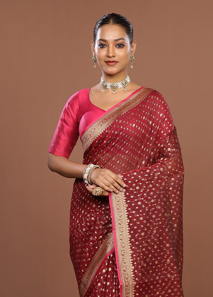 Maroon Kora Silk Saree With Blouse Piece
