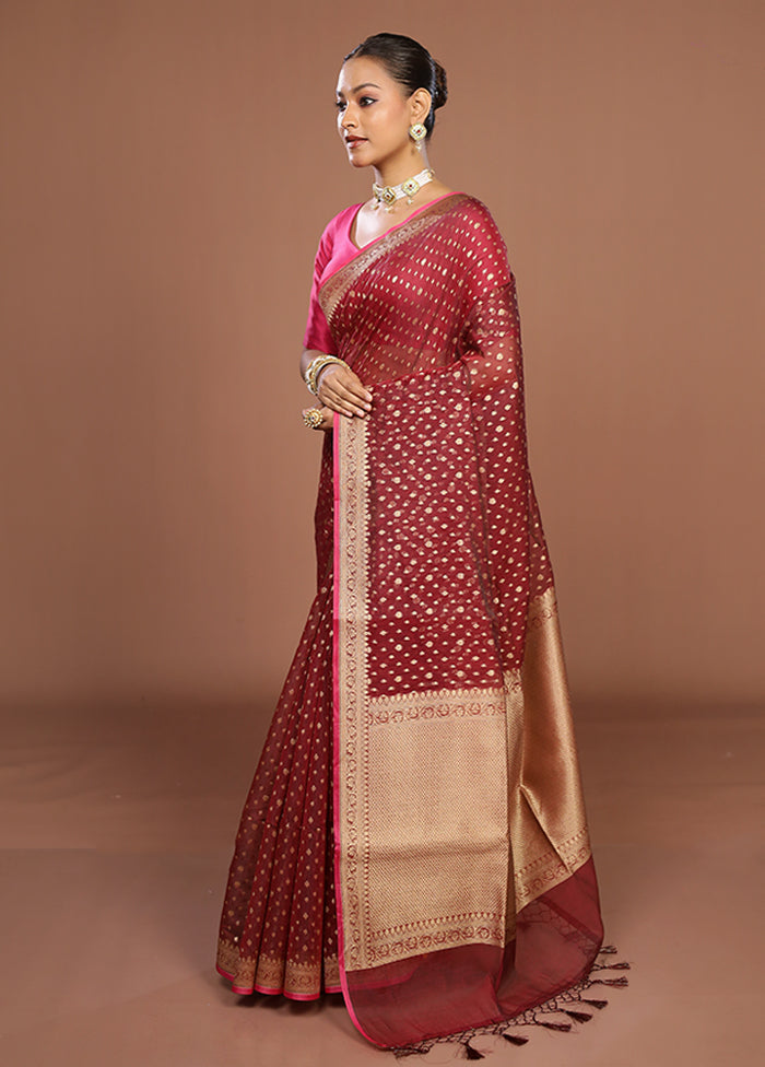 Maroon Kora Silk Saree With Blouse Piece