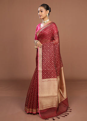 Maroon Kora Silk Saree With Blouse Piece