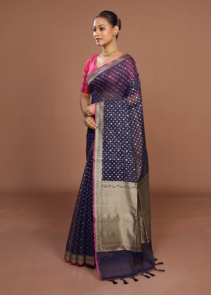 Blue Kora Silk Saree With Blouse Piece