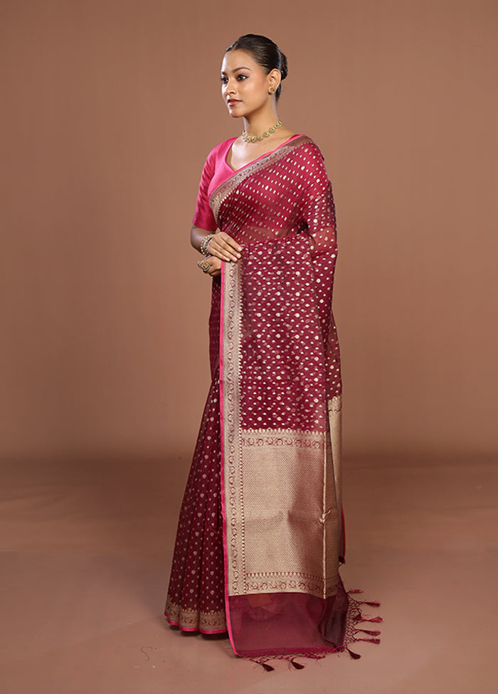 Maroon Kora Silk Saree With Blouse Piece