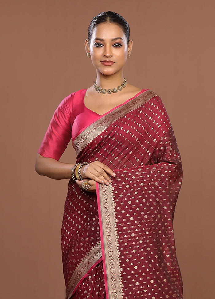 Maroon Kora Silk Saree With Blouse Piece