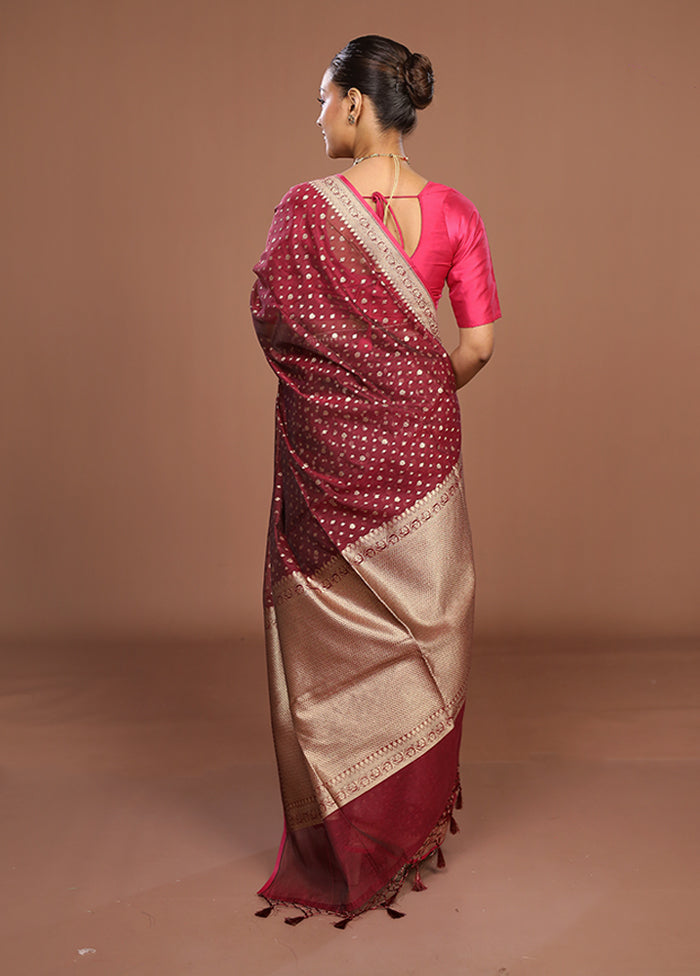 Maroon Kora Silk Saree With Blouse Piece