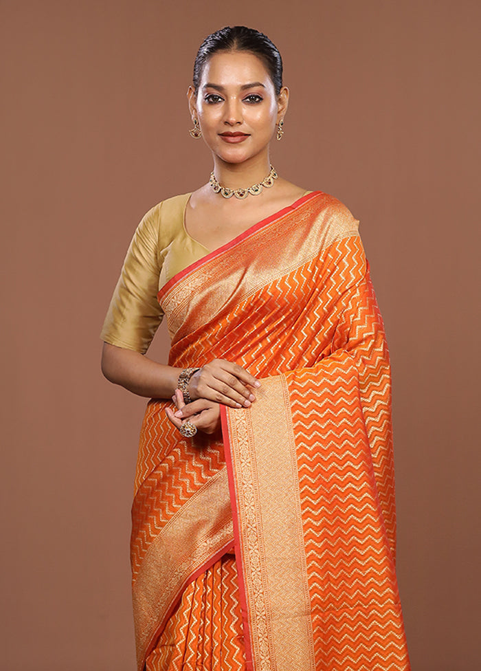 Orange Kora Silk Saree With Blouse Piece