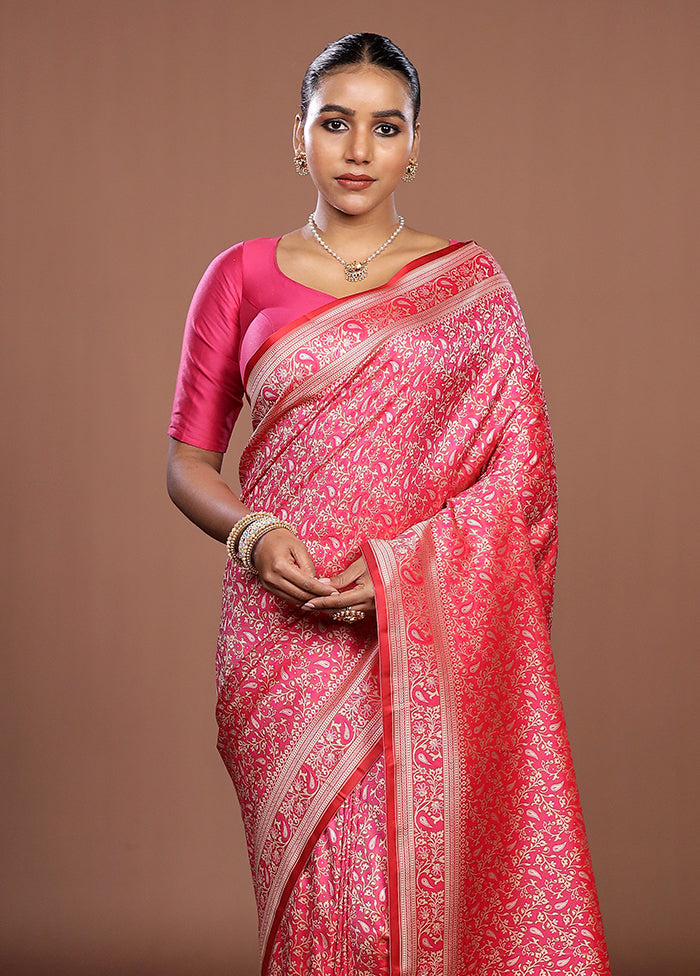 Pink Jamewar Silk Saree With Blouse Piece