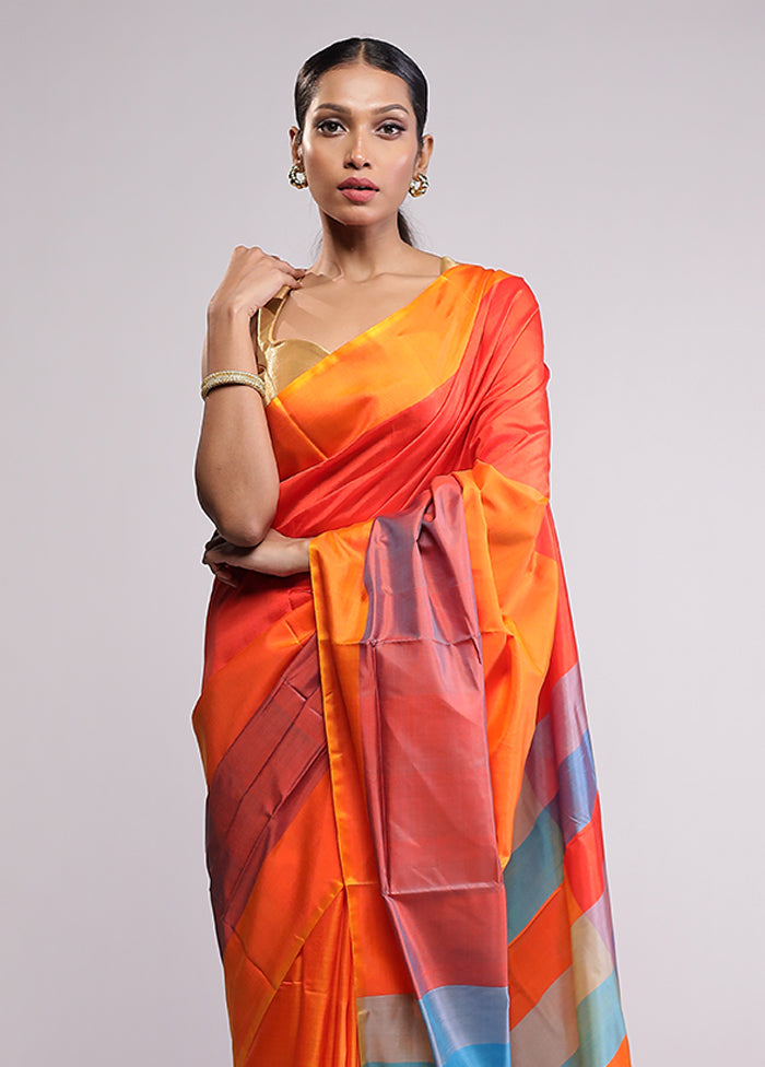 Orange Pure Bishnupuri Silk Saree With Blouse Piece