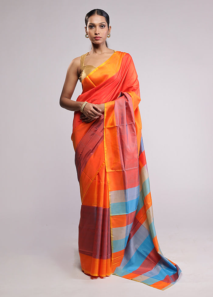 Orange Pure Bishnupuri Silk Saree With Blouse Piece