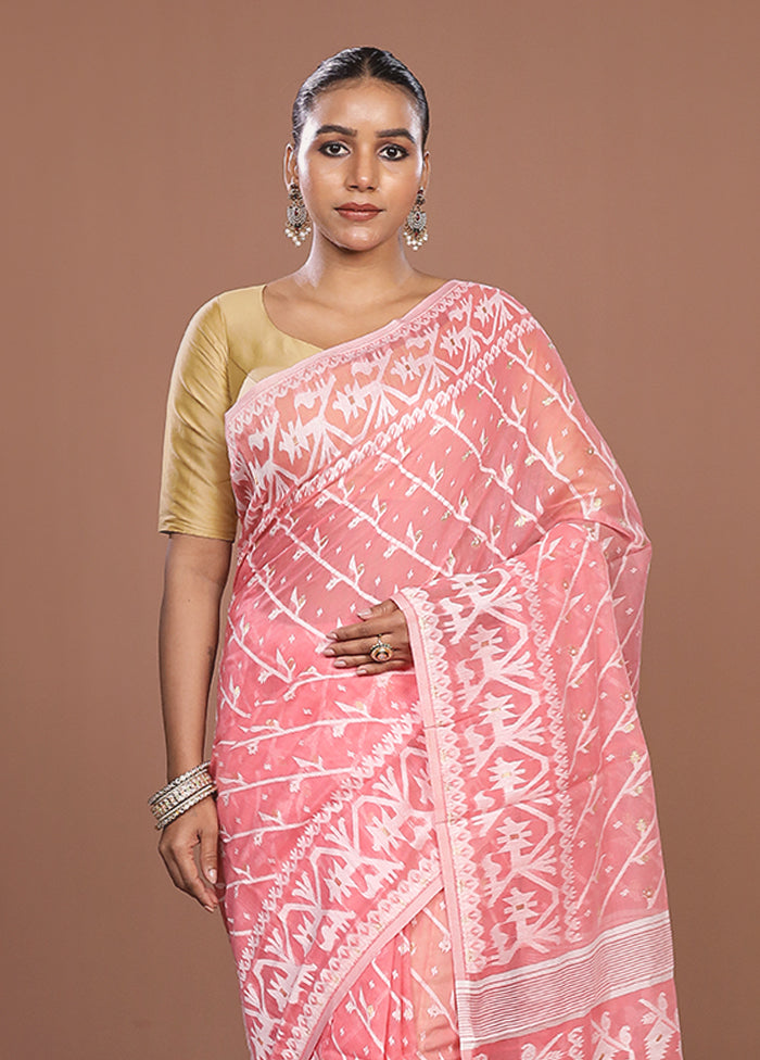 Pink Jamdani Cotton Saree Without Blouse Piece