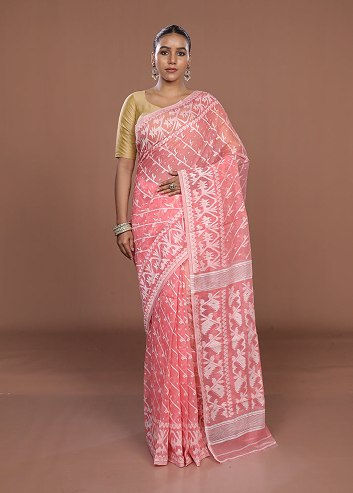 Pink Jamdani Cotton Saree Without Blouse Piece