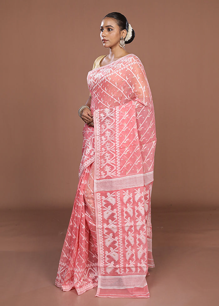 Pink Jamdani Cotton Saree Without Blouse Piece