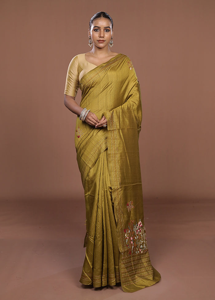 Yellow Tussar Silk Saree With Blouse Piece