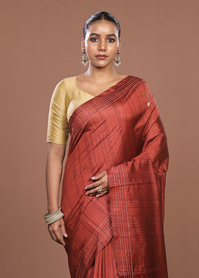 Maroon Tussar Silk Saree With Blouse Piece