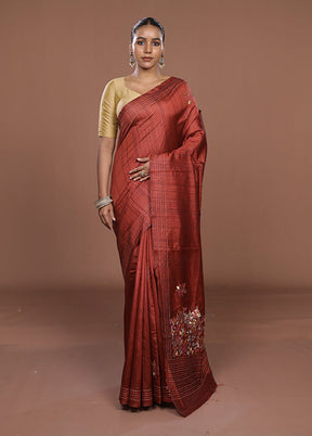 Maroon Tussar Silk Saree With Blouse Piece