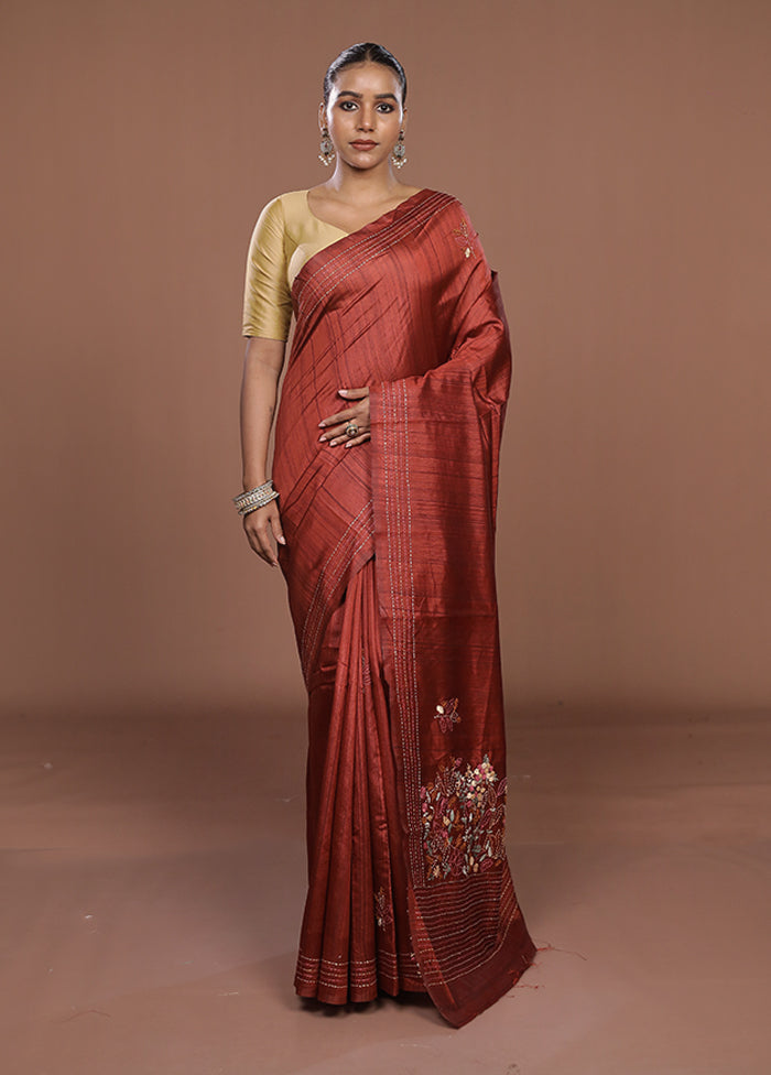 Maroon Tussar Silk Saree With Blouse Piece