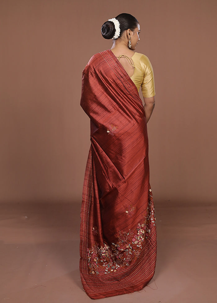 Maroon Tussar Silk Saree With Blouse Piece