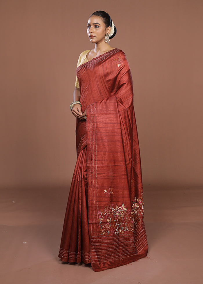 Maroon Tussar Silk Saree With Blouse Piece