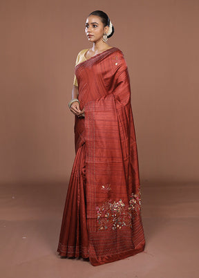 Maroon Tussar Silk Saree With Blouse Piece