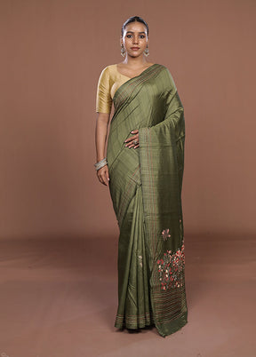Green Tussar Silk Saree With Blouse Piece