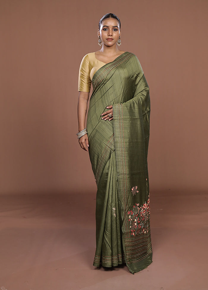 Green Tussar Silk Saree With Blouse Piece