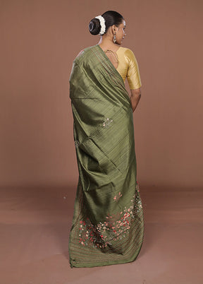 Green Tussar Silk Saree With Blouse Piece