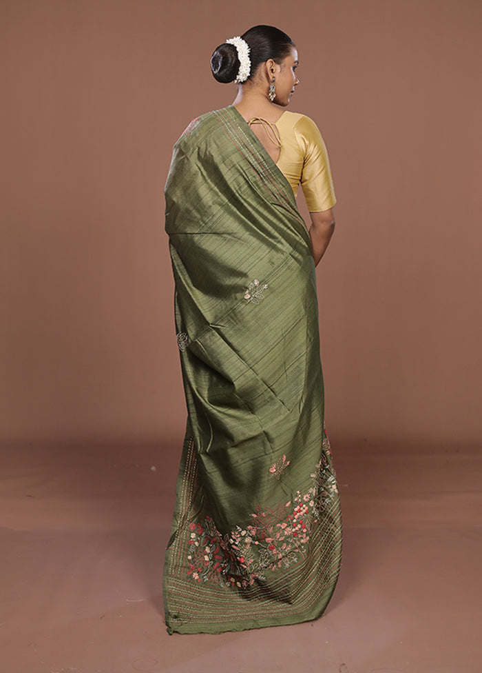 Green Tussar Silk Saree With Blouse Piece
