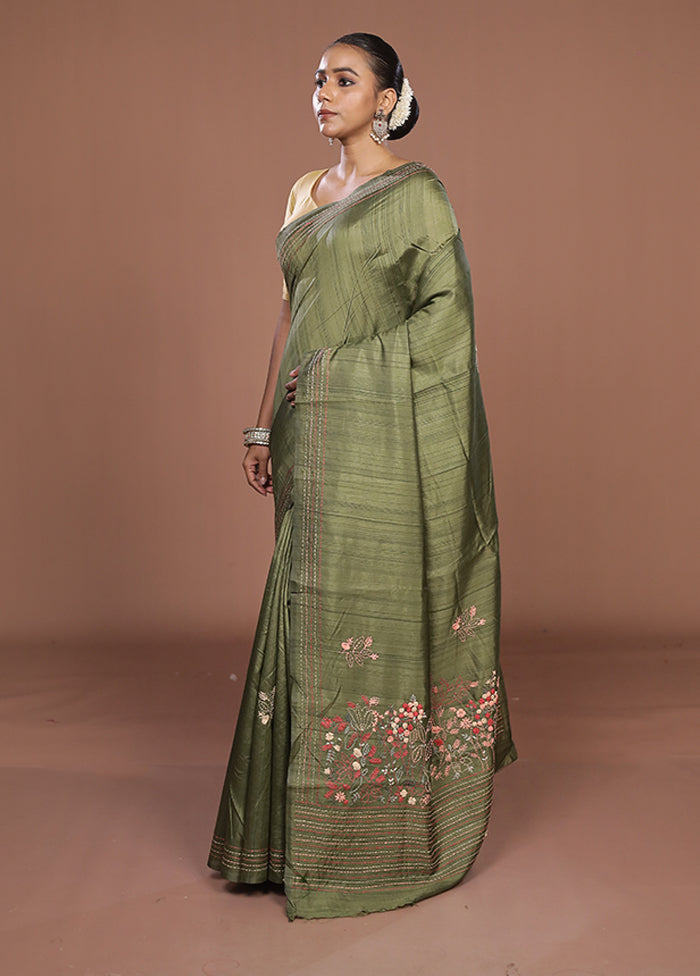 Green Tussar Silk Saree With Blouse Piece