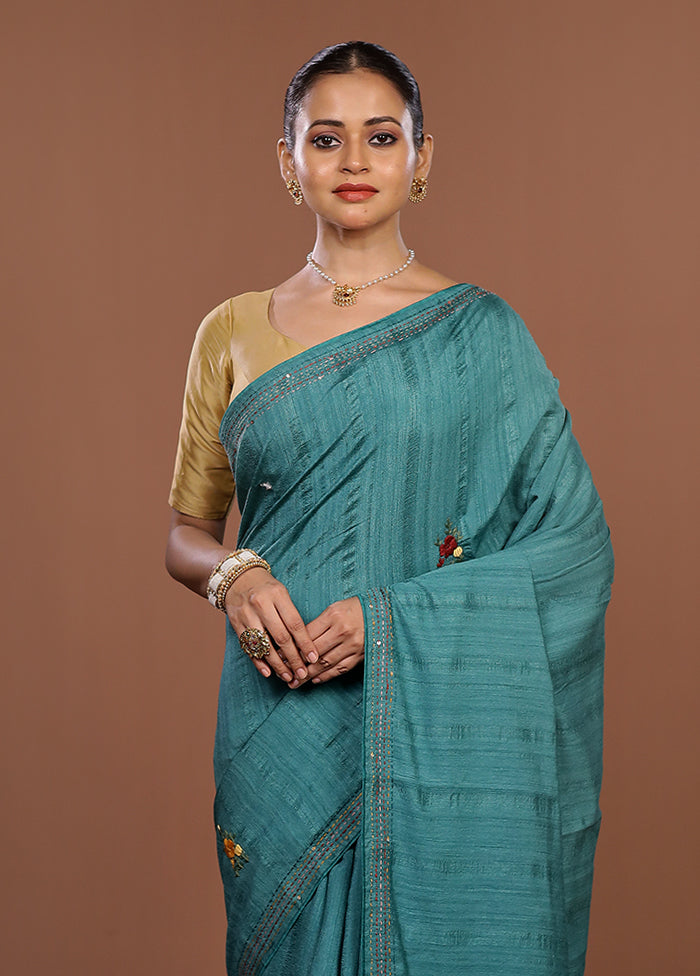 Green Tussar Silk Saree With Blouse Piece