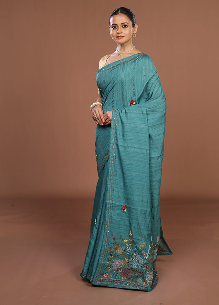 Green Tussar Silk Saree With Blouse Piece