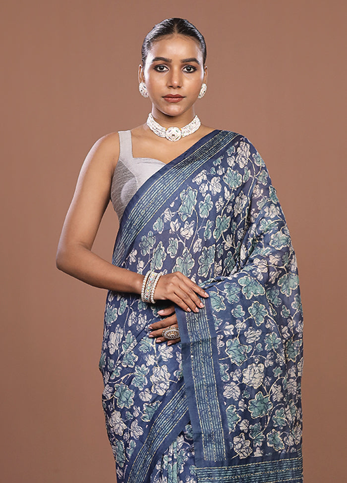 Blue Cotton Saree With Blouse Piece