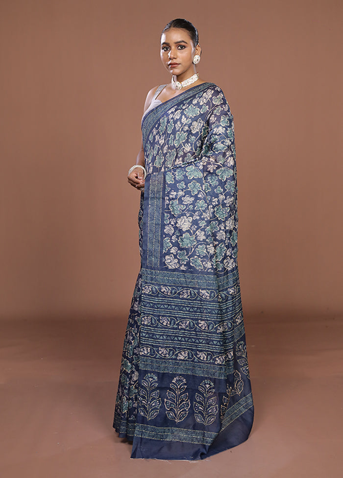 Blue Cotton Saree With Blouse Piece
