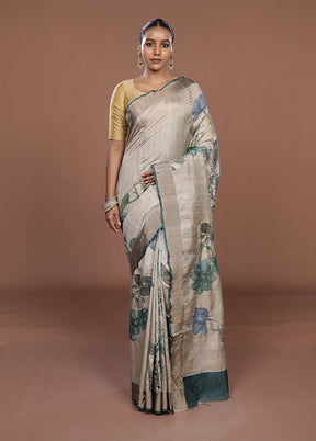 Cream Tussar Silk Saree With Blouse Piece