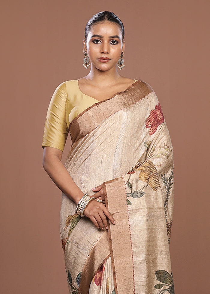 Cream Tussar Silk Saree With Blouse Piece