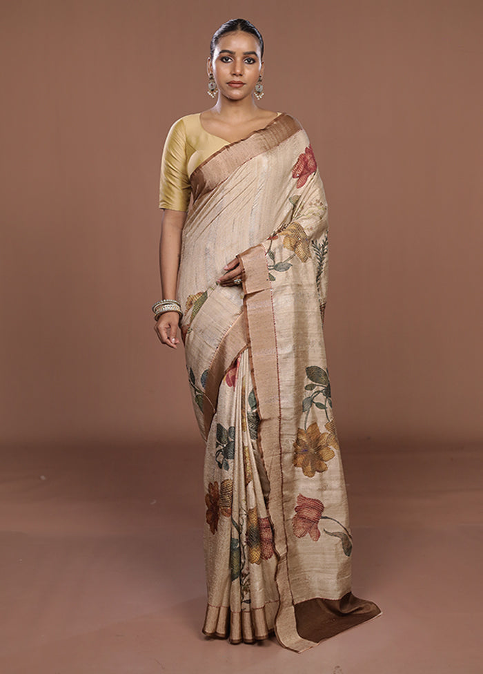 Cream Tussar Silk Saree With Blouse Piece
