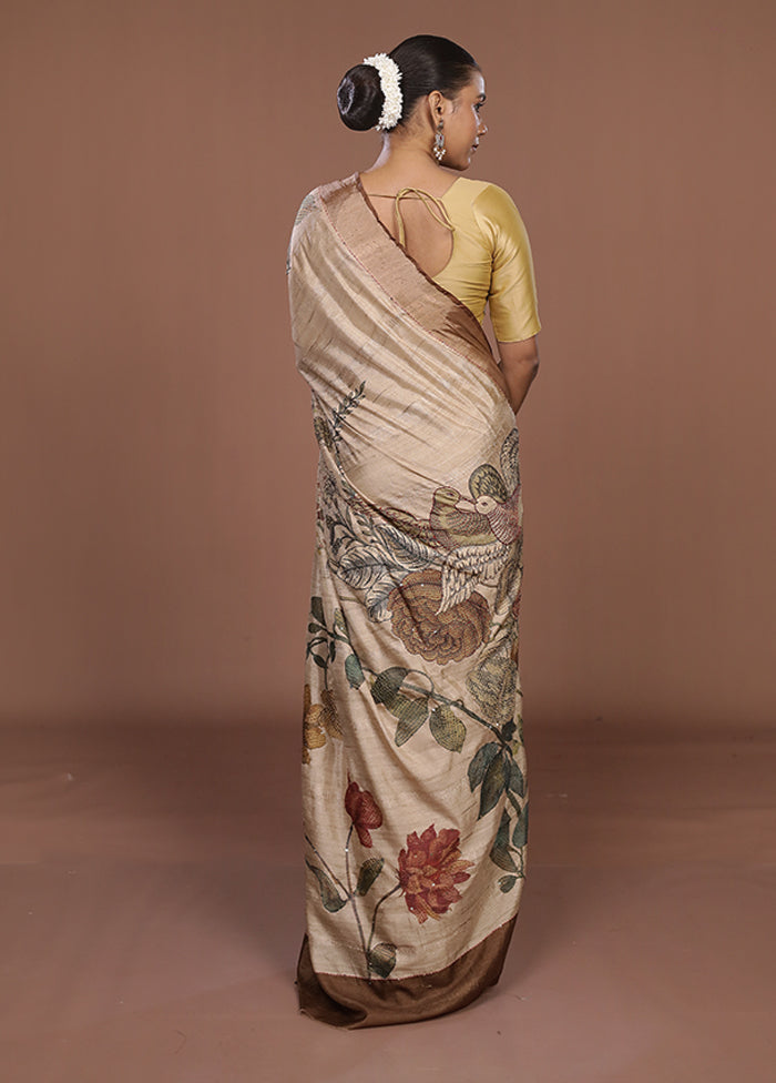 Cream Tussar Silk Saree With Blouse Piece