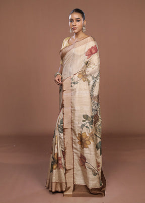 Cream Tussar Silk Saree With Blouse Piece