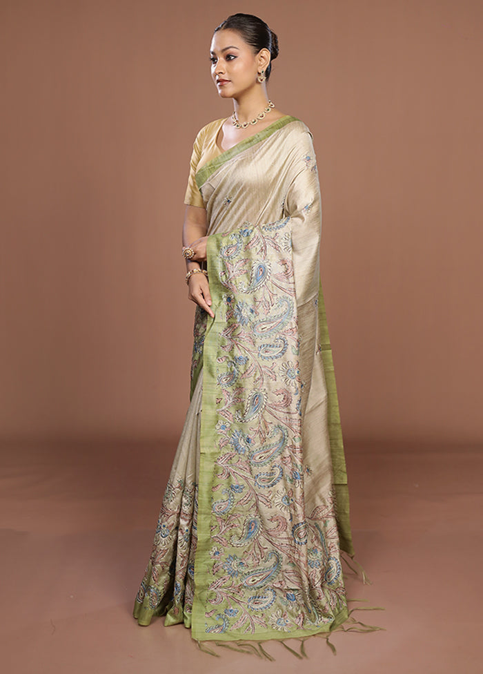 Cream Tussar Silk Saree With Blouse Piece