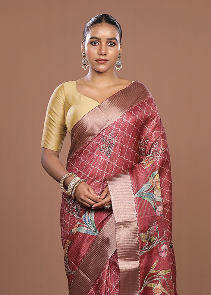 Maroon Tussar Silk Saree With Blouse Piece