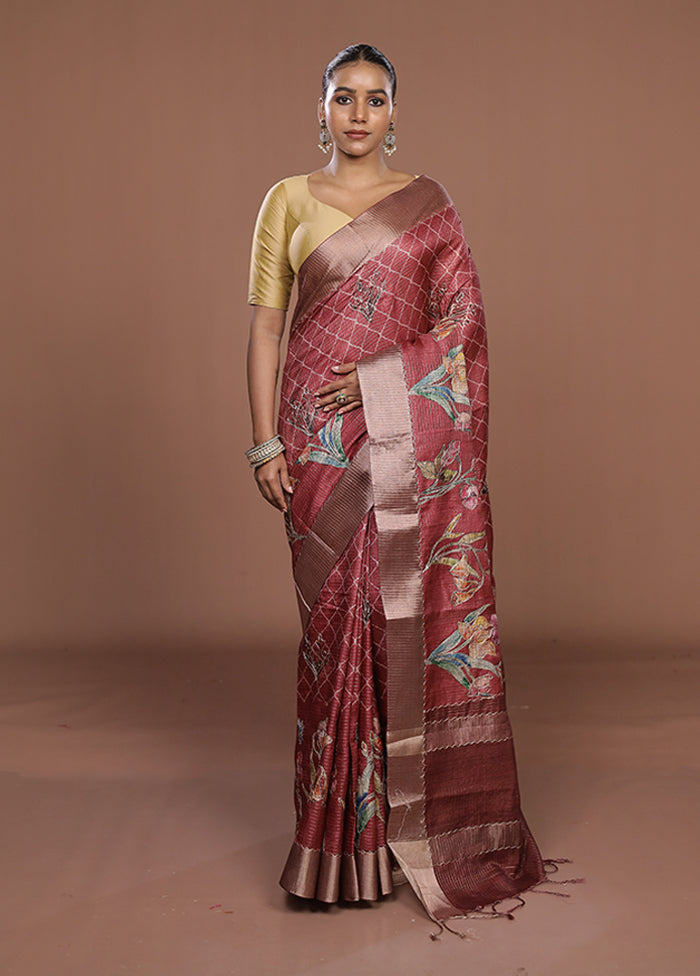 Maroon Tussar Silk Saree With Blouse Piece