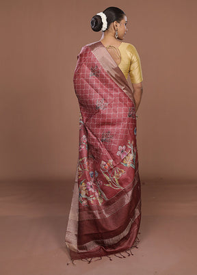 Maroon Tussar Silk Saree With Blouse Piece