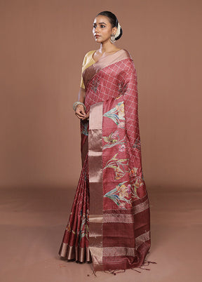 Maroon Tussar Silk Saree With Blouse Piece