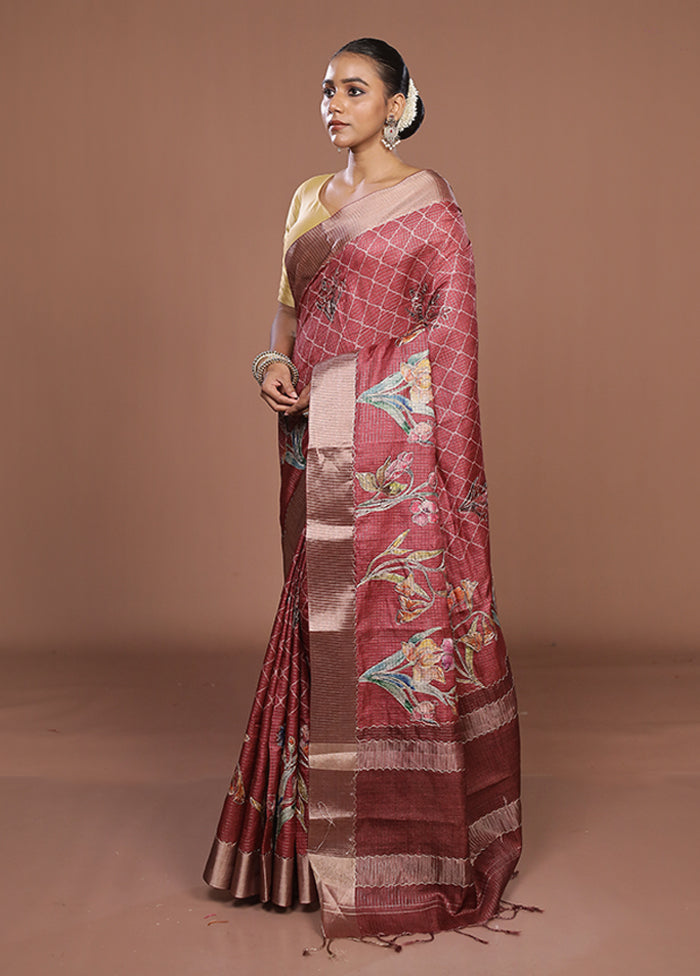 Maroon Tussar Silk Saree With Blouse Piece