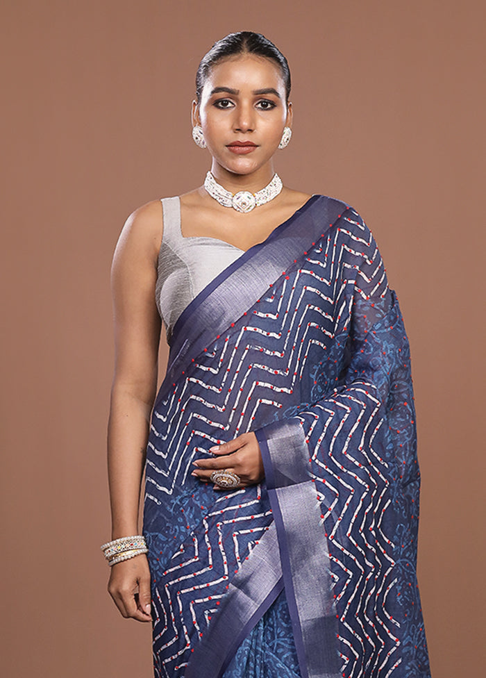 Blue Cotton Saree With Blouse Piece