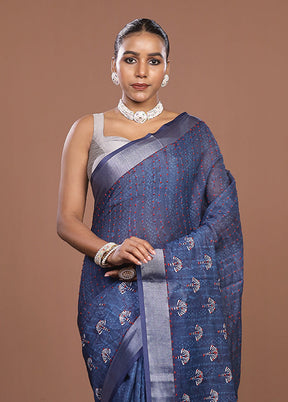 Blue Cotton Saree With Blouse Piece