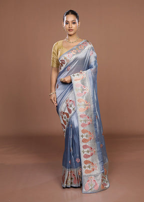 Blue Organza Saree With Blouse Piece