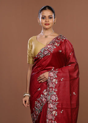 Red Tussar Silk Saree With Blouse Piece