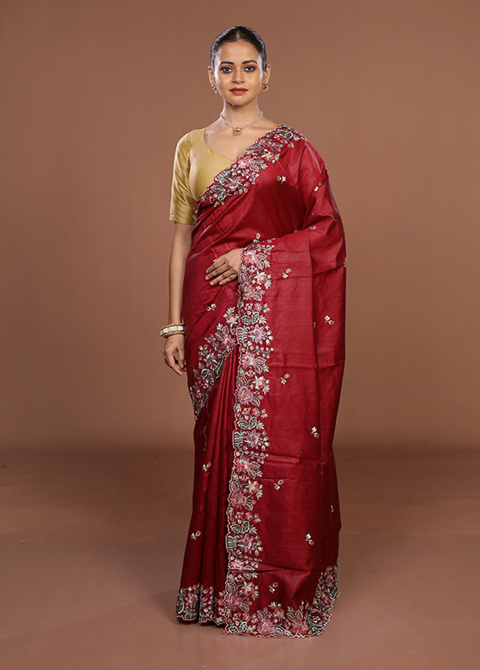 Red Tussar Silk Saree With Blouse Piece