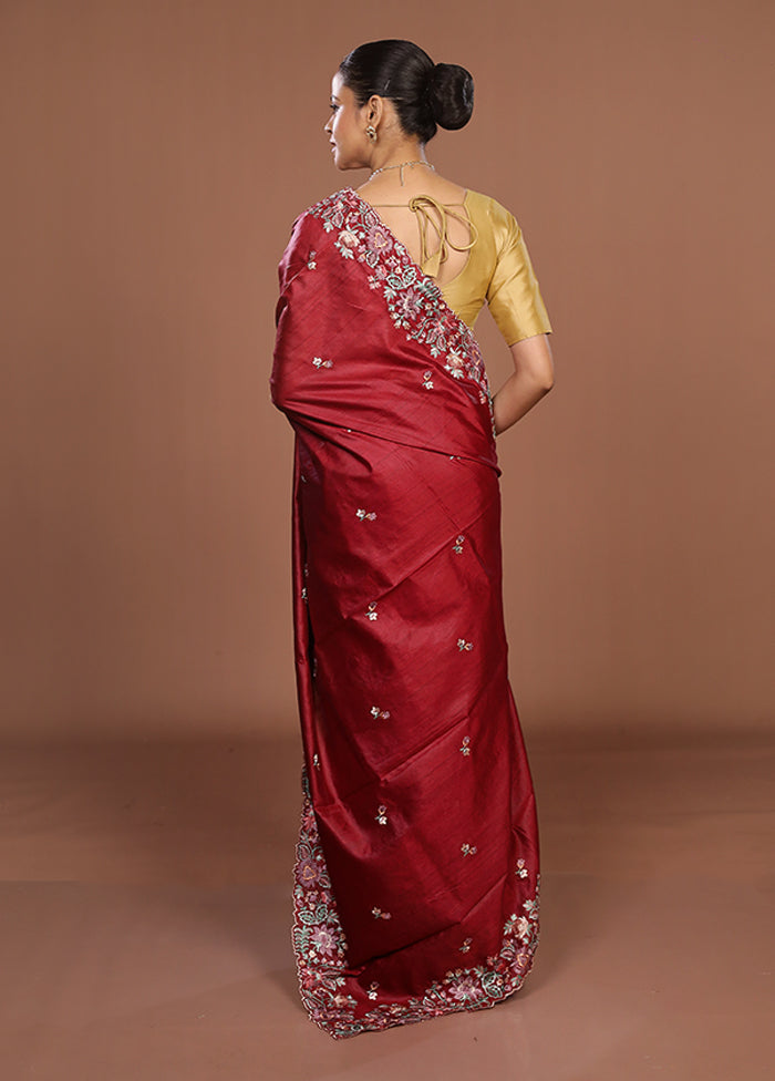 Red Tussar Silk Saree With Blouse Piece