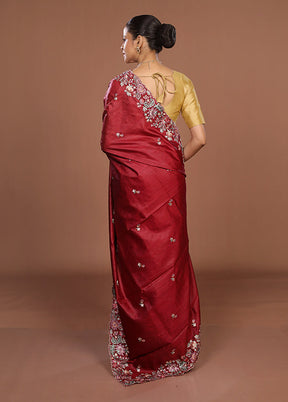 Red Tussar Silk Saree With Blouse Piece