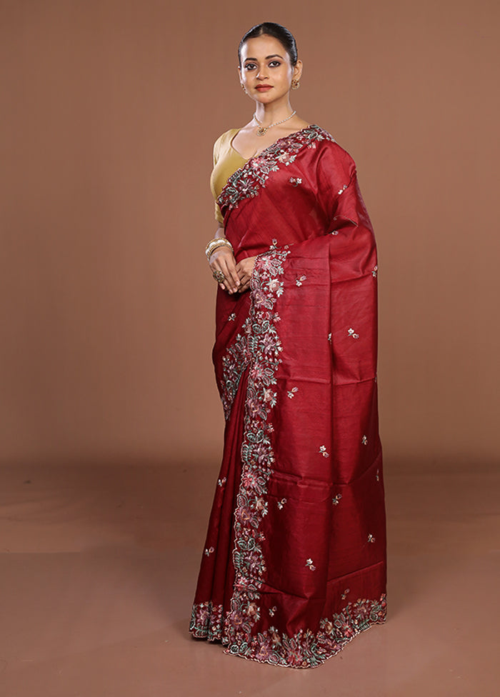 Red Tussar Silk Saree With Blouse Piece
