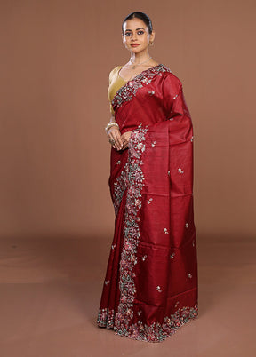 Red Tussar Silk Saree With Blouse Piece